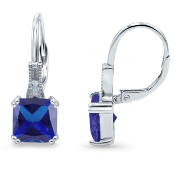 Cushion Cut Dangling Leverback Wedding Earrings Simulated Blue Sapphire CZ 925 Sterling Silver (15mm)
